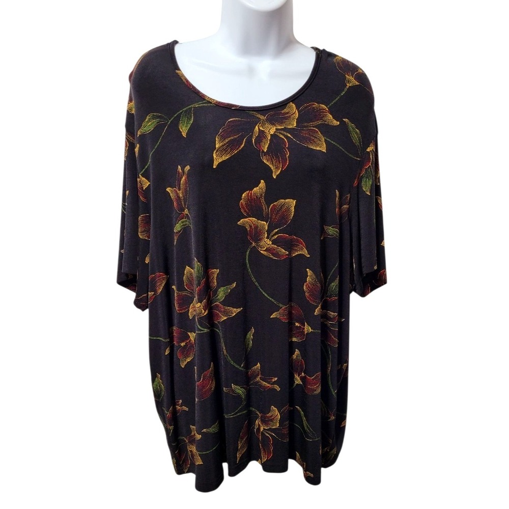 Kathy Ireland Slinky Knit Black Floral Stretchy Short Sleeve Top Size 2X